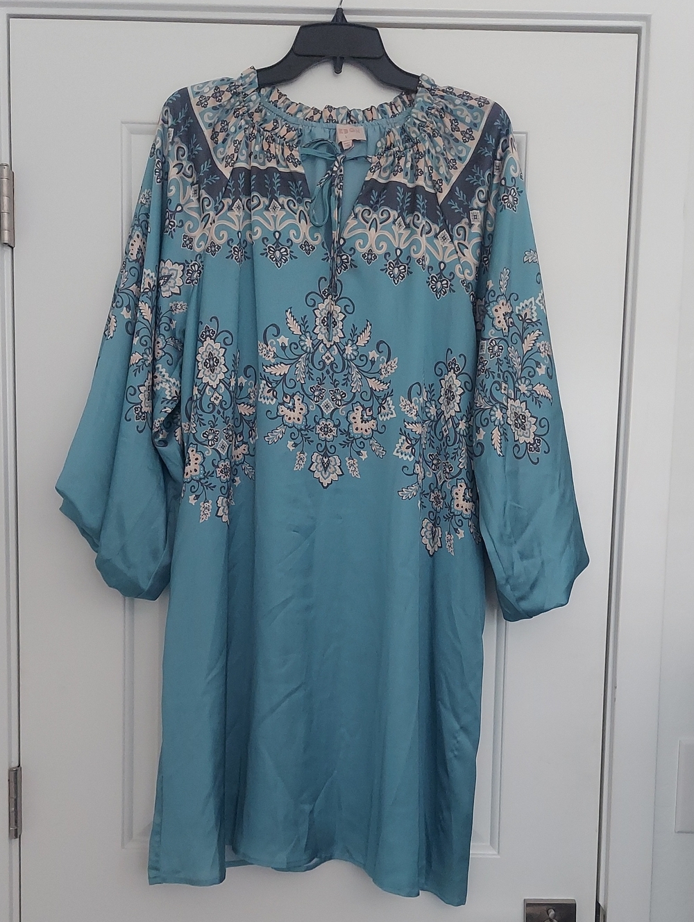 Teal Blue Printed Long Sleeve Peasant Dress